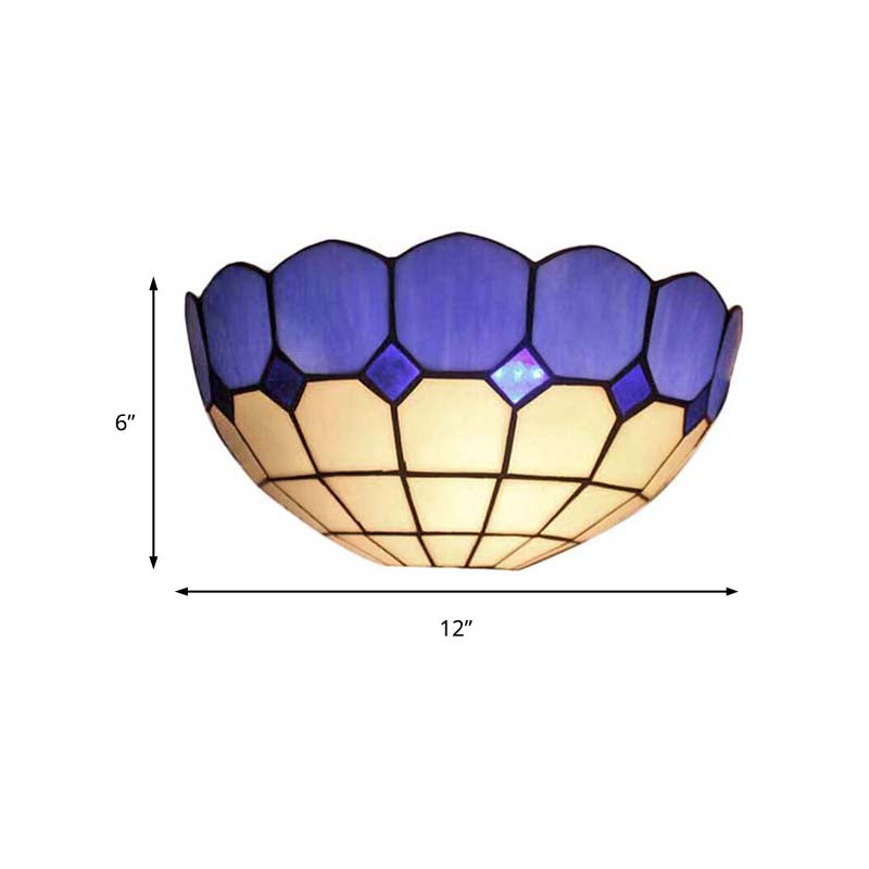 Tiffany Style Bowl Wall Sconce 2 Lights Art Glass Light Blue/Dark Blue Wall Light for Bedroom Lighting Clearhalo 'Industrial' 'Middle century wall lights' 'Tiffany wall lights' 'Tiffany' 'Wall Lamps & Sconces' 'Wall Lights' Lighting' 179017