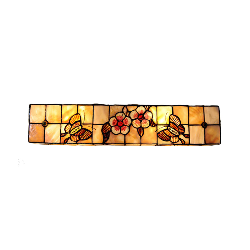 Tiffany Style Linear Wall Light with Square/Flower Pattern 2 Lights Shell Sconce Light in Beige for Living Room Clearhalo 'Industrial' 'Middle century wall lights' 'Tiffany wall lights' 'Tiffany' 'Wall Lamps & Sconces' 'Wall Lights' Lighting' 179062