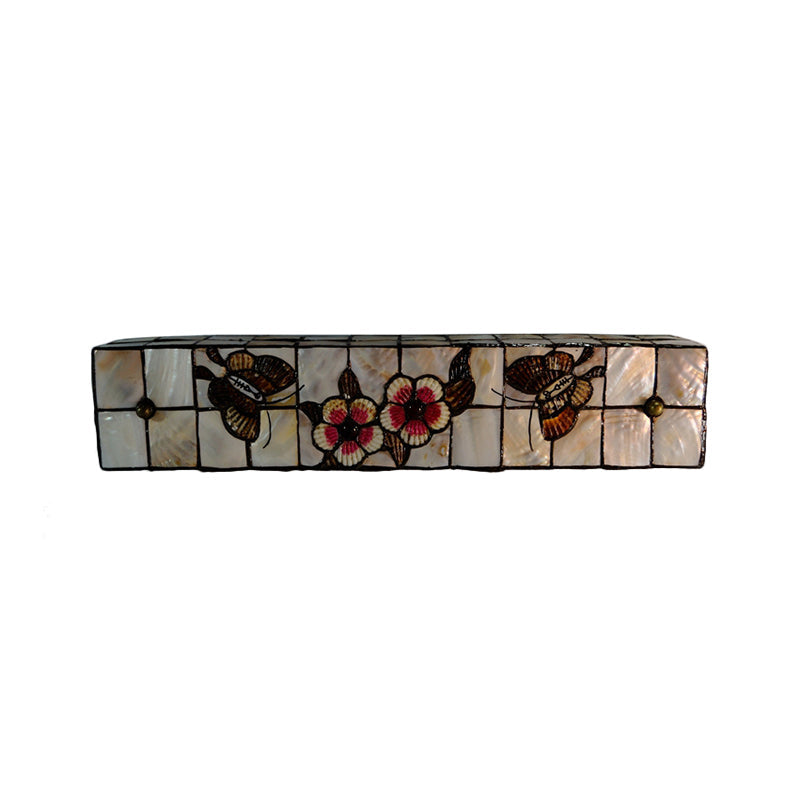 Tiffany Style Linear Wall Light with Square/Flower Pattern 2 Lights Shell Sconce Light in Beige for Living Room Clearhalo 'Industrial' 'Middle century wall lights' 'Tiffany wall lights' 'Tiffany' 'Wall Lamps & Sconces' 'Wall Lights' Lighting' 179064