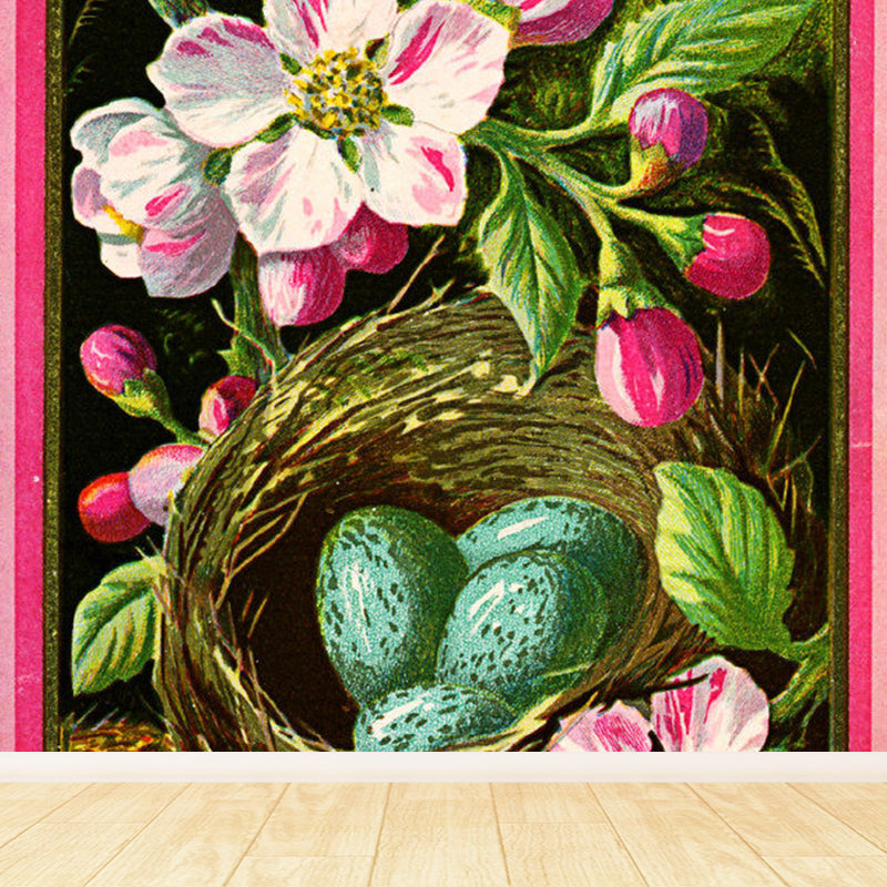 Non-Woven Decorative Wall Mural Modern Flower Print and Bird's-Nest Wall Covering Pink Clearhalo 'Wall Decor' 'Wall Mural' 1791752