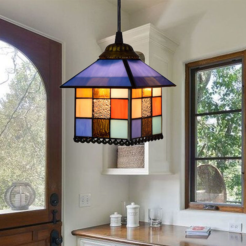 Blue 1 Light Hanging Lamp Tiffany Stylish Stainless Glass House Shade Pendant Lighting Fixture, 6"/8" Width Blue 6" Clearhalo 'Ceiling Lights' 'Close To Ceiling Lights' 'Industrial' 'Middle Century Pendants' 'Pendant Lights' 'Pendants' 'Tiffany close to ceiling' 'Tiffany Pendants' 'Tiffany' Lighting' 179267