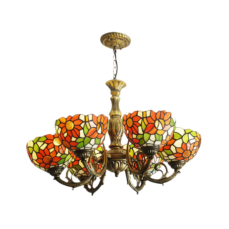 3/5/6 Lights Sunflower Kitchen Hanging Light Stained Glass Rustic Tiffany Chandelier with Inverted Shade in Orange Clearhalo 'Ceiling Lights' 'Chandeliers' 'Close To Ceiling Lights' 'Industrial' 'Middle Century Chandeliers' 'Tiffany Chandeliers' 'Tiffany close to ceiling' 'Tiffany' Lighting' 179294