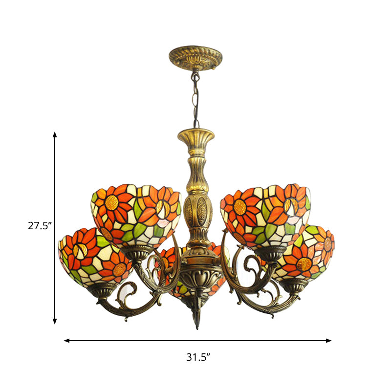 3/5/6 Lights Sunflower Kitchen Hanging Light Stained Glass Rustic Tiffany Chandelier with Inverted Shade in Orange Clearhalo 'Ceiling Lights' 'Chandeliers' 'Close To Ceiling Lights' 'Industrial' 'Middle Century Chandeliers' 'Tiffany Chandeliers' 'Tiffany close to ceiling' 'Tiffany' Lighting' 179303