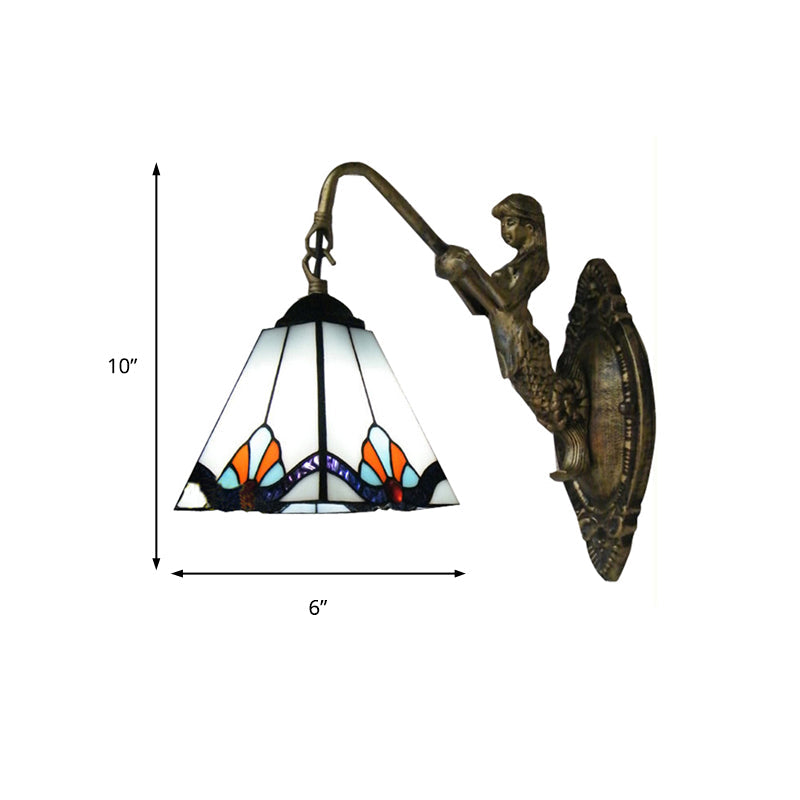 Pyramid White Glass Wall Light Fixture Tiffany 1 Head Antique Bronze Sconce Lighting Clearhalo 'Industrial' 'Middle century wall lights' 'Tiffany wall lights' 'Tiffany' 'Wall Lamps & Sconces' 'Wall Lights' Lighting' 179346