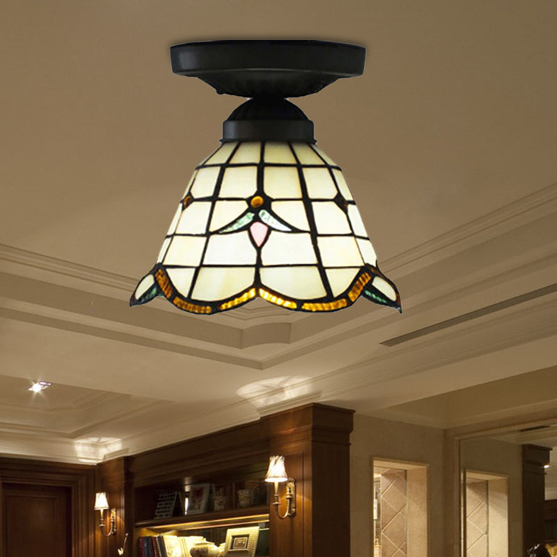 Corridor Craftsman LED Ceiling Mount Light Stained Glass 1 Bulb Ceiling Lamp in White/Beige/Orange/Blue/Blue-Pink/Blue-White for Foyer White Clearhalo 'Ceiling Lights' 'Close To Ceiling Lights' 'Close to ceiling' 'Glass shade' 'Glass' 'Semi-flushmount' 'Tiffany close to ceiling' 'Tiffany' Lighting' 179347