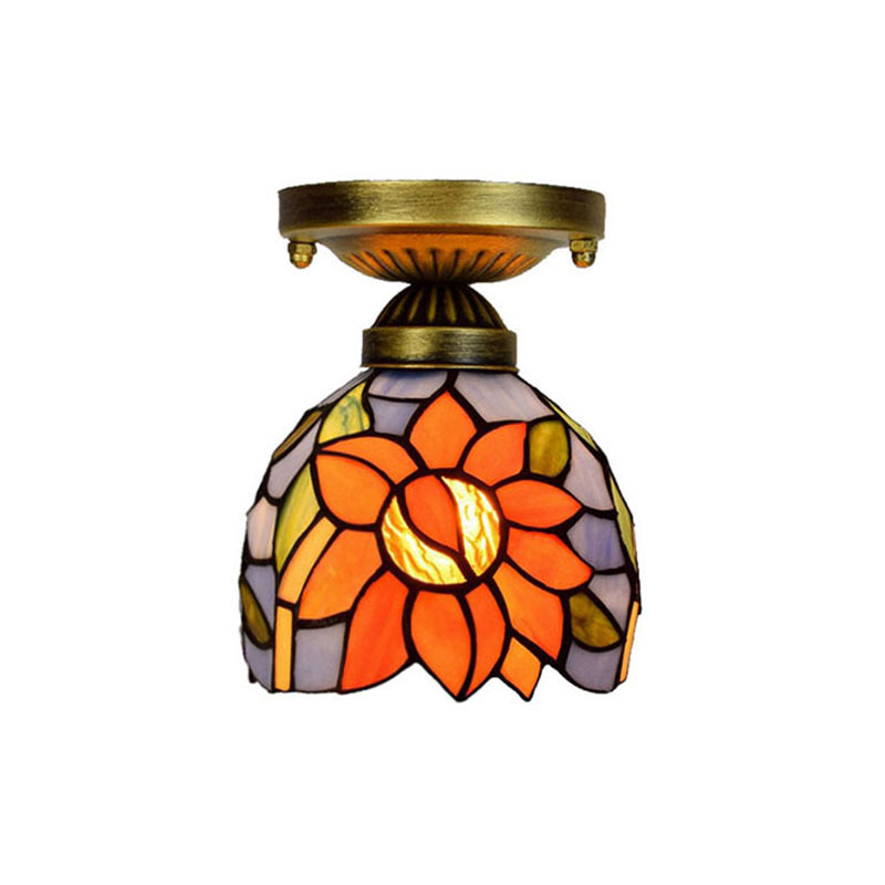 Corridor Craftsman LED Ceiling Mount Light Stained Glass 1 Bulb Ceiling Lamp in White/Beige/Orange/Blue/Blue-Pink/Blue-White for Foyer Clearhalo 'Ceiling Lights' 'Close To Ceiling Lights' 'Close to ceiling' 'Glass shade' 'Glass' 'Semi-flushmount' 'Tiffany close to ceiling' 'Tiffany' Lighting' 179351