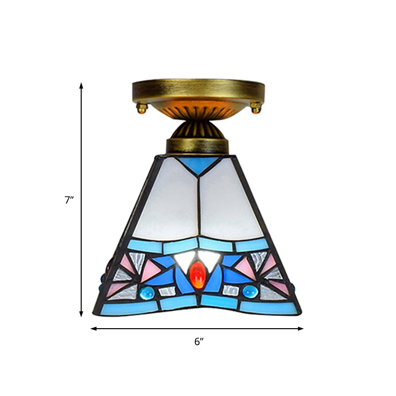 Corridor Craftsman LED Ceiling Mount Light Stained Glass 1 Bulb Ceiling Lamp in White/Beige/Orange/Blue/Blue-Pink/Blue-White for Foyer Clearhalo 'Ceiling Lights' 'Close To Ceiling Lights' 'Close to ceiling' 'Glass shade' 'Glass' 'Semi-flushmount' 'Tiffany close to ceiling' 'Tiffany' Lighting' 179359