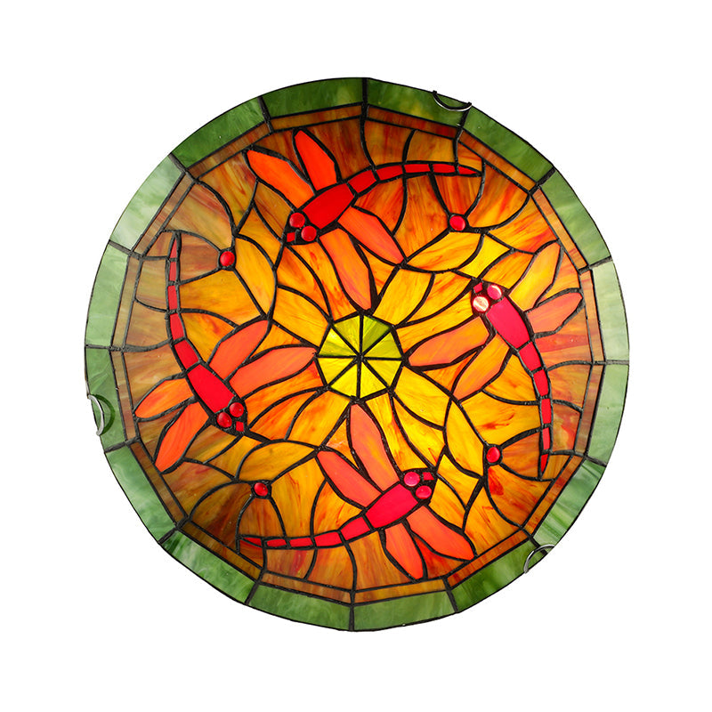 Lodge Dragonfly/Floral Flushmount 3 Bulbs Stained Glass Flush Ceiling Light in Yellow for Living Room Clearhalo 'Ceiling Lights' 'Chandeliers' 'Close To Ceiling Lights' 'Close to ceiling' 'Glass shade' 'Glass' 'Semi-flushmount' 'Tiffany close to ceiling' 'Tiffany' Lighting' 179432