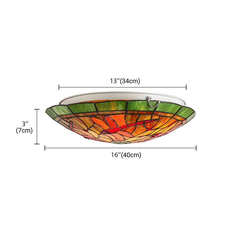 Lodge Dragonfly/Floral Flushmount 3 Bulbs Stained Glass Flush Ceiling Light in Yellow for Living Room Clearhalo 'Ceiling Lights' 'Chandeliers' 'Close To Ceiling Lights' 'Close to ceiling' 'Glass shade' 'Glass' 'Semi-flushmount' 'Tiffany close to ceiling' 'Tiffany' Lighting' 179434