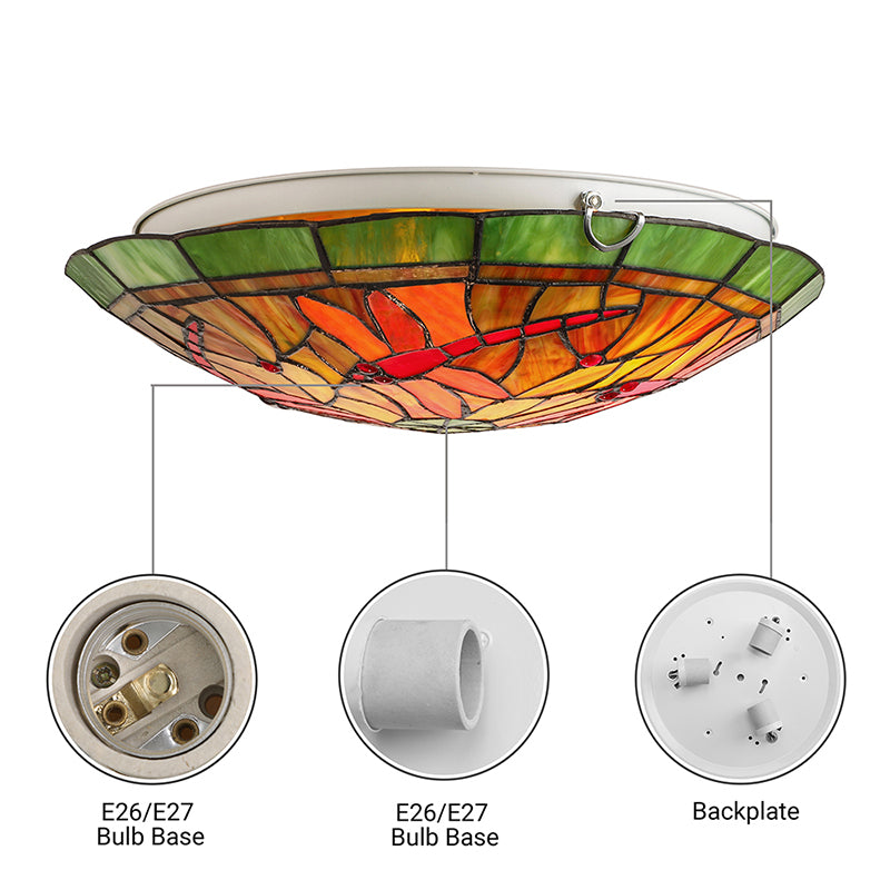 Lodge Dragonfly/Floral Flushmount 3 Bulbs Stained Glass Flush Ceiling Light in Yellow for Living Room Clearhalo 'Ceiling Lights' 'Chandeliers' 'Close To Ceiling Lights' 'Close to ceiling' 'Glass shade' 'Glass' 'Semi-flushmount' 'Tiffany close to ceiling' 'Tiffany' Lighting' 179435