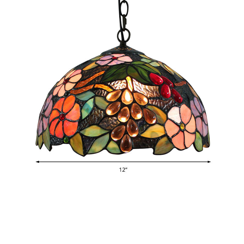 Victorian Floral Suspension Lighting 1 Head Black Stained Art Glass Pendant Light Fixture with Adjustable Metal Chain Clearhalo 'Ceiling Lights' 'Industrial' 'Middle Century Pendants' 'Pendant Lights' 'Pendants' 'Tiffany close to ceiling' 'Tiffany Pendants' 'Tiffany' Lighting' 179456