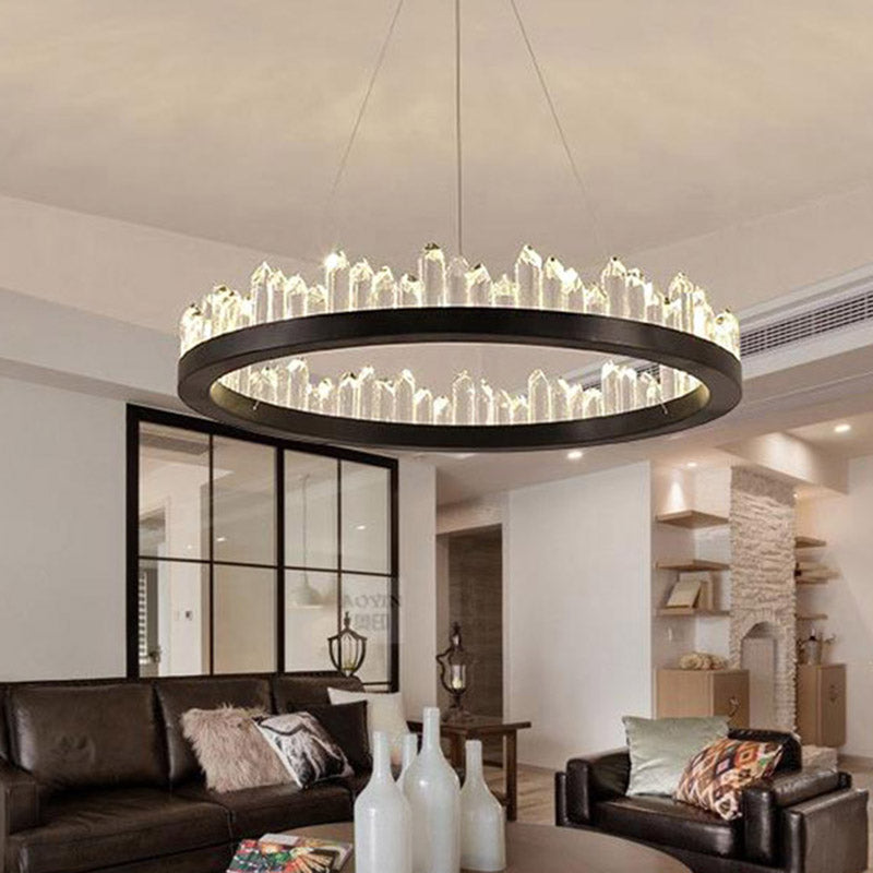 Circle Chandelier Light Modernism Crystal LED Black Suspended Lighting Fixture in Warm/White Light, 16"/23.5"/31.5" Wide Black Clearhalo 'Ceiling Lights' 'Chandeliers' 'Modern Chandeliers' 'Modern' Lighting' 1795378