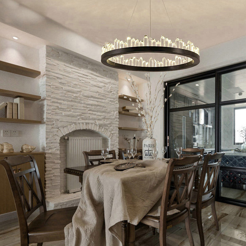 Circle Chandelier Light Modernism Crystal LED Black Suspended Lighting Fixture in Warm/White Light, 16"/23.5"/31.5" Wide Clearhalo 'Ceiling Lights' 'Chandeliers' 'Modern Chandeliers' 'Modern' Lighting' 1795381