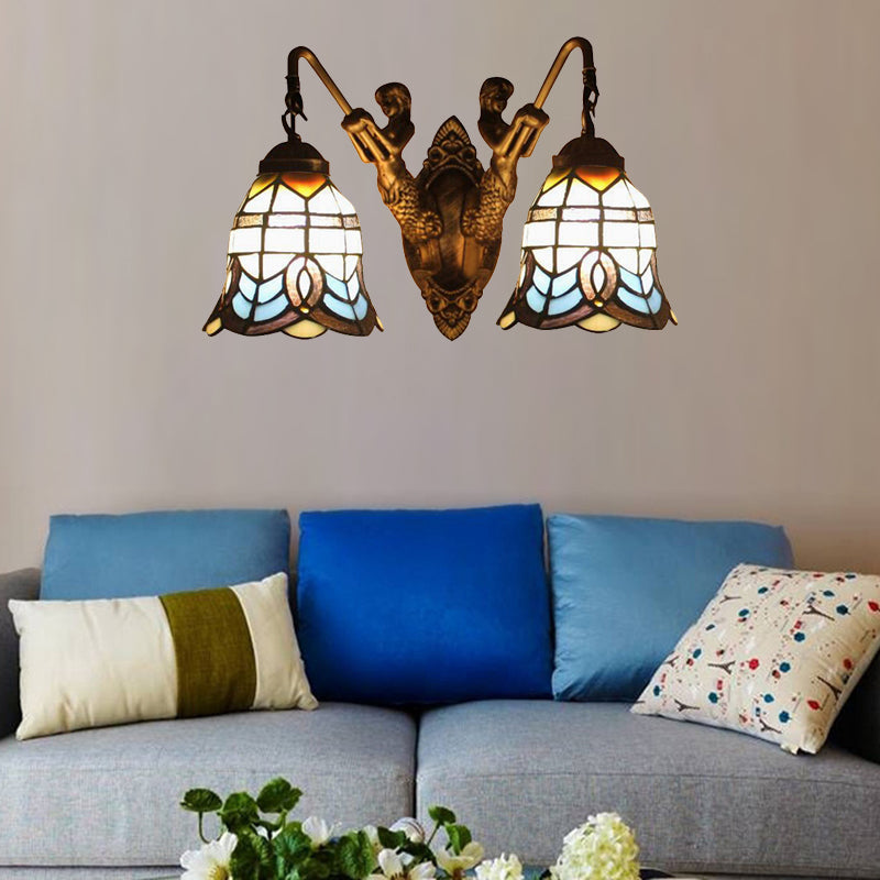Baroque Wall Mount Light with Bell Shade and Mermaid Stained Glass Wall Lamp in Antique Brass for Foyer Antique Brass Clearhalo 'Industrial' 'Middle century wall lights' 'Tiffany wall lights' 'Tiffany' 'Wall Lamps & Sconces' 'Wall Lights' Lighting' 179552