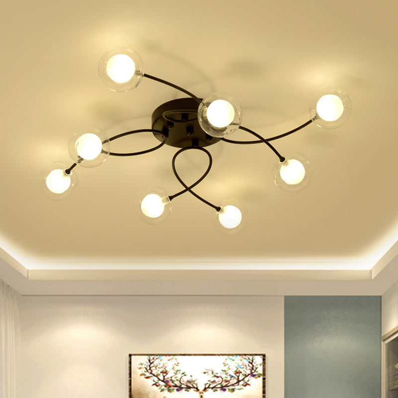 Twist Arm Living Room Ceiling Light Metal Multi-Head Romantic Semi Flushmount Light in Black 8 Black Clearhalo 'Ceiling Lights' 'Close To Ceiling Lights' 'Close to ceiling' 'Glass shade' 'Glass' 'Semi-flushmount' Lighting' 1796207