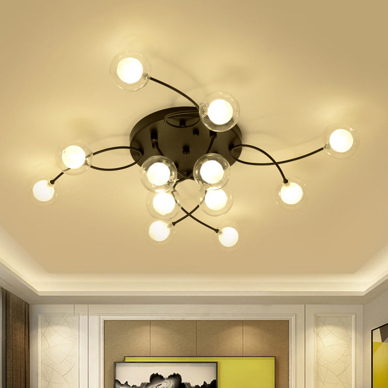 Twist Arm Living Room Ceiling Light Metal Multi-Head Romantic Semi Flushmount Light in Black 12 Black Clearhalo 'Ceiling Lights' 'Close To Ceiling Lights' 'Close to ceiling' 'Glass shade' 'Glass' 'Semi-flushmount' Lighting' 1796212