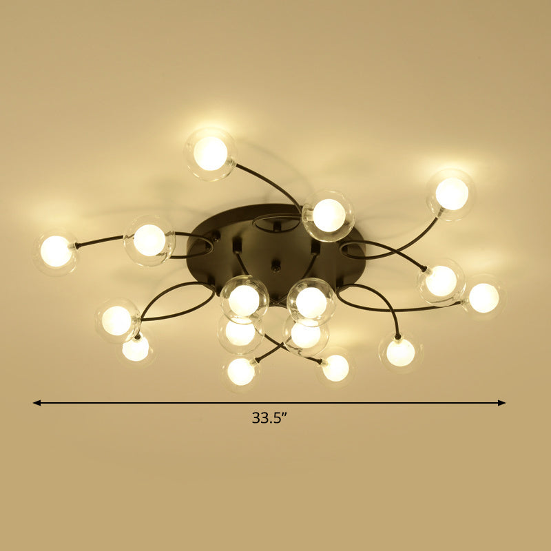 Twist Arm Living Room Ceiling Light Metal Multi-Head Romantic Semi Flushmount Light in Black Clearhalo 'Ceiling Lights' 'Close To Ceiling Lights' 'Close to ceiling' 'Glass shade' 'Glass' 'Semi-flushmount' Lighting' 1796221