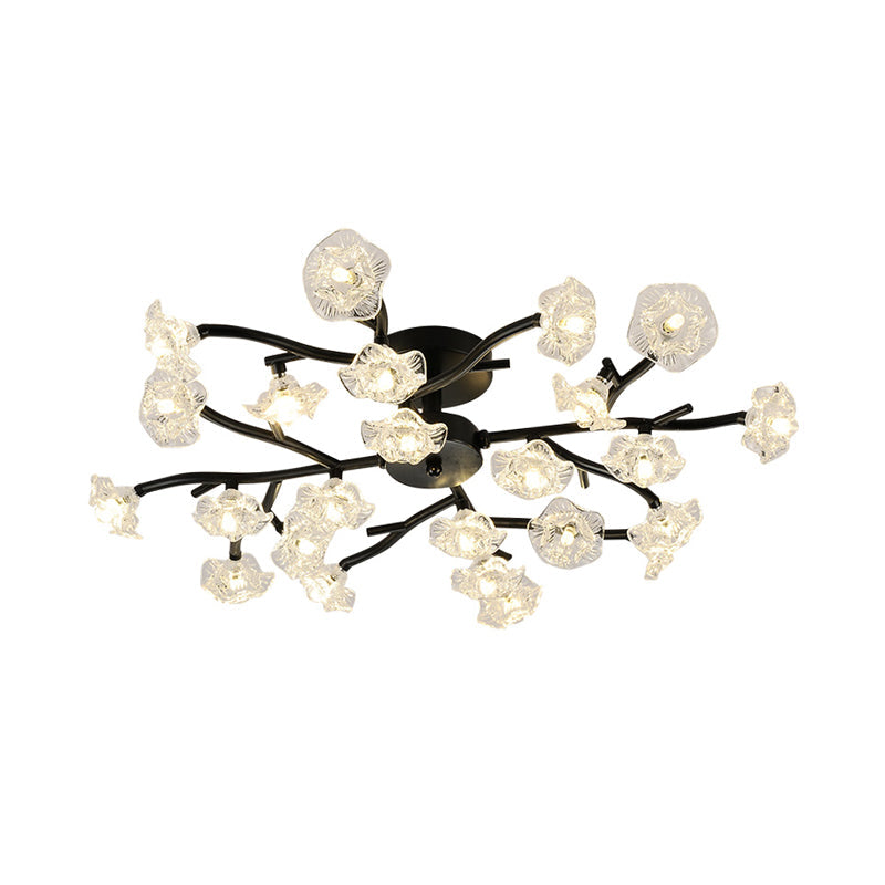 Modern Branch Ceiling Light with Flower Metal Semi Flush Mount Light in Black for Living Room Clearhalo 'Ceiling Lights' 'Close To Ceiling Lights' 'Close to ceiling' 'Glass shade' 'Glass' 'Semi-flushmount' Lighting' 1796255