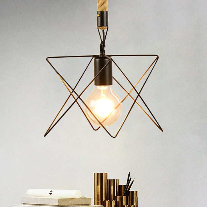 1 Light Metal and Rope Hanging Light Farmhouse Style Black Globe/Cylinder/Barrel Cage Dining Room Pendant Lamp Clearhalo 'Art Deco Pendants' 'Black' 'Cast Iron' 'Ceiling Lights' 'Ceramic' 'Crystal' 'Industrial Pendants' 'Industrial' 'Metal' 'Middle Century Pendants' 'Pendant Lights' 'Pendants' 'Rustic Pendants' 'Tiffany' Lighting' 1796344