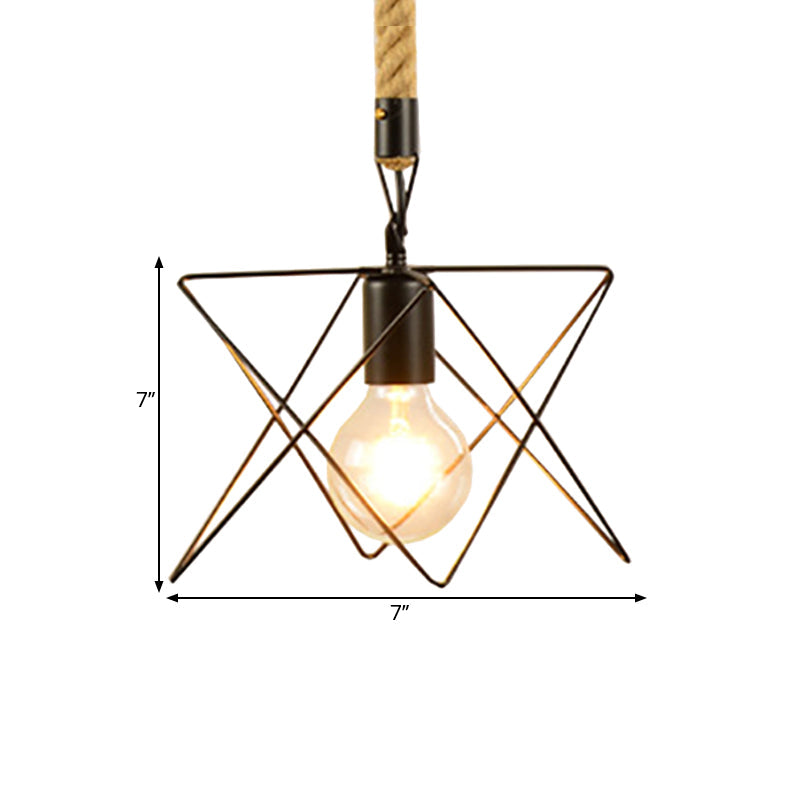 1 Light Metal and Rope Hanging Light Farmhouse Style Black Globe/Cylinder/Barrel Cage Dining Room Pendant Lamp Clearhalo 'Art Deco Pendants' 'Black' 'Cast Iron' 'Ceiling Lights' 'Ceramic' 'Crystal' 'Industrial Pendants' 'Industrial' 'Metal' 'Middle Century Pendants' 'Pendant Lights' 'Pendants' 'Rustic Pendants' 'Tiffany' Lighting' 1796346