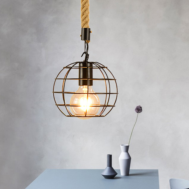 1 Light Metal and Rope Hanging Light Farmhouse Style Black Globe/Cylinder/Barrel Cage Dining Room Pendant Lamp Black Globe Clearhalo 'Art Deco Pendants' 'Black' 'Cast Iron' 'Ceiling Lights' 'Ceramic' 'Crystal' 'Industrial Pendants' 'Industrial' 'Metal' 'Middle Century Pendants' 'Pendant Lights' 'Pendants' 'Rustic Pendants' 'Tiffany' Lighting' 1796348