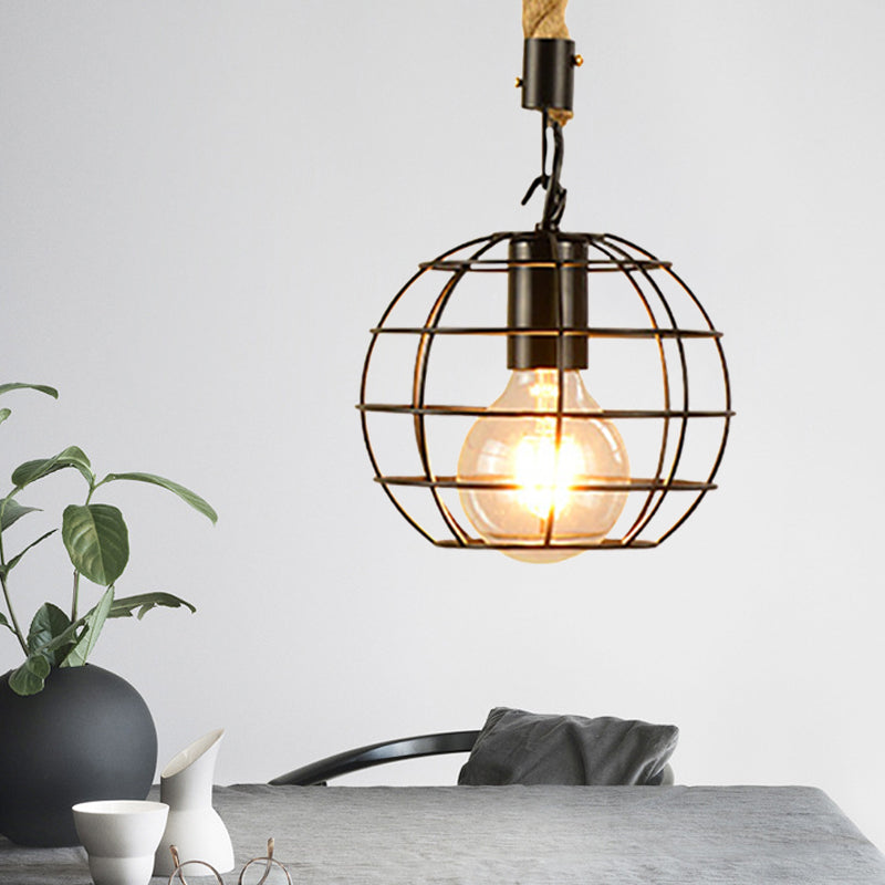 1 Light Metal and Rope Hanging Light Farmhouse Style Black Globe/Cylinder/Barrel Cage Dining Room Pendant Lamp Clearhalo 'Art Deco Pendants' 'Black' 'Cast Iron' 'Ceiling Lights' 'Ceramic' 'Crystal' 'Industrial Pendants' 'Industrial' 'Metal' 'Middle Century Pendants' 'Pendant Lights' 'Pendants' 'Rustic Pendants' 'Tiffany' Lighting' 1796349