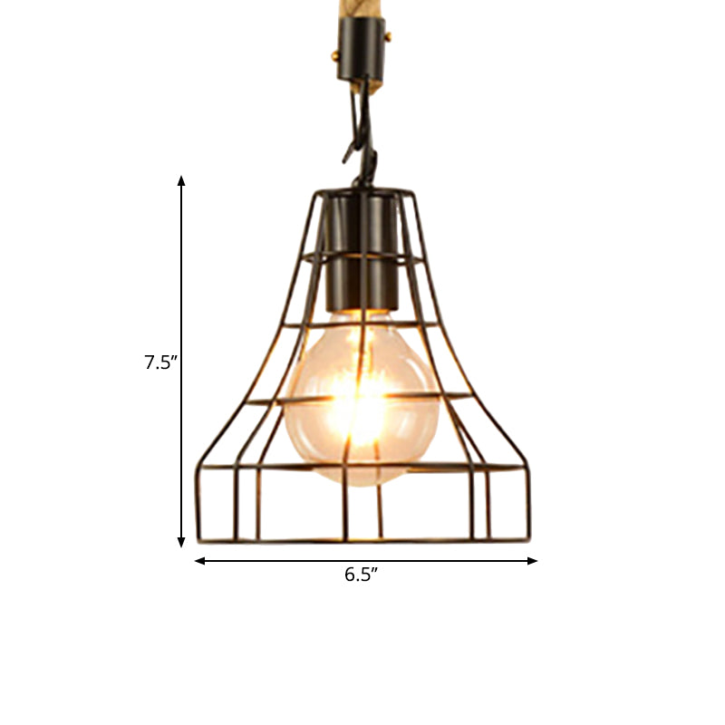 1 Light Metal and Rope Hanging Light Farmhouse Style Black Globe/Cylinder/Barrel Cage Dining Room Pendant Lamp Clearhalo 'Art Deco Pendants' 'Black' 'Cast Iron' 'Ceiling Lights' 'Ceramic' 'Crystal' 'Industrial Pendants' 'Industrial' 'Metal' 'Middle Century Pendants' 'Pendant Lights' 'Pendants' 'Rustic Pendants' 'Tiffany' Lighting' 1796356