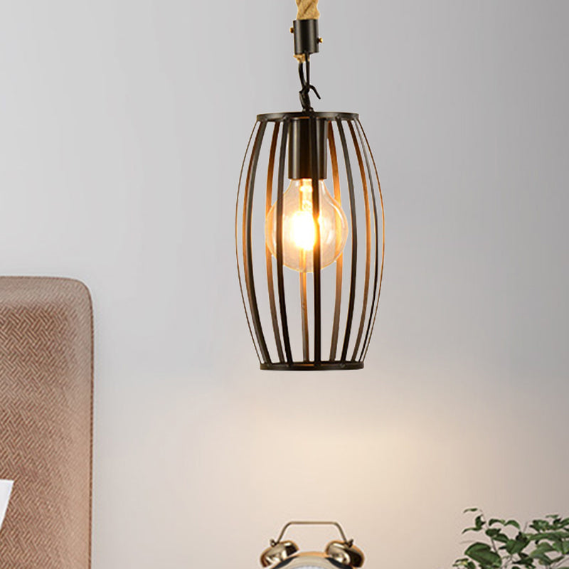 1 Light Metal and Rope Hanging Light Farmhouse Style Black Globe/Cylinder/Barrel Cage Dining Room Pendant Lamp Black Barrel Clearhalo 'Art Deco Pendants' 'Black' 'Cast Iron' 'Ceiling Lights' 'Ceramic' 'Crystal' 'Industrial Pendants' 'Industrial' 'Metal' 'Middle Century Pendants' 'Pendant Lights' 'Pendants' 'Rustic Pendants' 'Tiffany' Lighting' 1796358