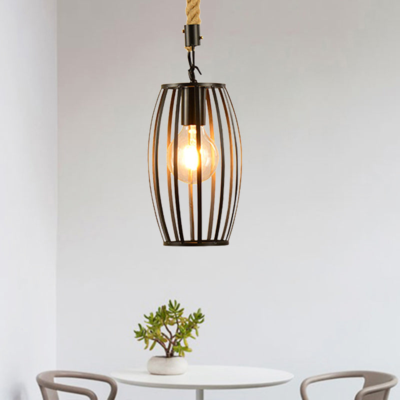 1 Light Metal and Rope Hanging Light Farmhouse Style Black Globe/Cylinder/Barrel Cage Dining Room Pendant Lamp Clearhalo 'Art Deco Pendants' 'Black' 'Cast Iron' 'Ceiling Lights' 'Ceramic' 'Crystal' 'Industrial Pendants' 'Industrial' 'Metal' 'Middle Century Pendants' 'Pendant Lights' 'Pendants' 'Rustic Pendants' 'Tiffany' Lighting' 1796359
