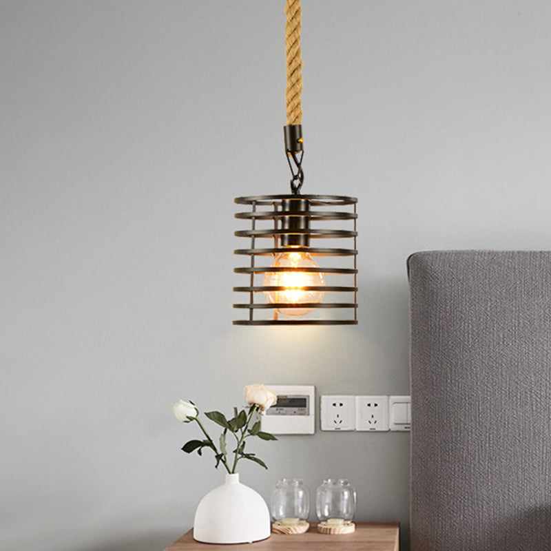 1 Light Metal and Rope Hanging Light Farmhouse Style Black Globe/Cylinder/Barrel Cage Dining Room Pendant Lamp Black Cylinder Clearhalo 'Art Deco Pendants' 'Black' 'Cast Iron' 'Ceiling Lights' 'Ceramic' 'Crystal' 'Industrial Pendants' 'Industrial' 'Metal' 'Middle Century Pendants' 'Pendant Lights' 'Pendants' 'Rustic Pendants' 'Tiffany' Lighting' 1796362