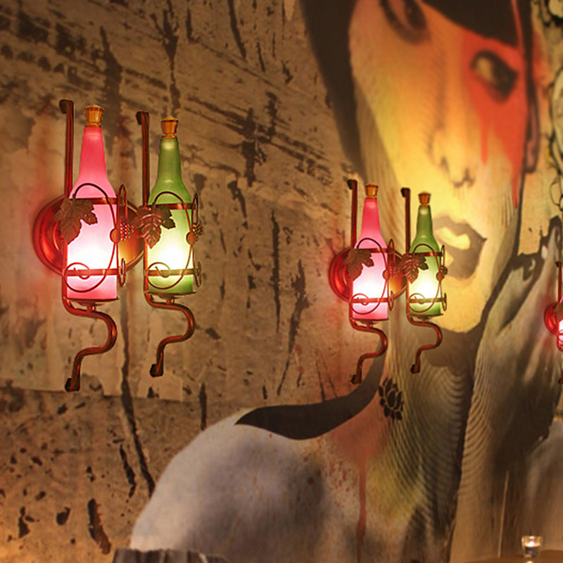 Industrial Bottle Shade Wall Sconce Lighting 2 Lights Frosted Glass Wall Lamp with Leaf Deco in Green and Pink Clearhalo 'Cast Iron' 'Glass' 'Industrial wall lights' 'Industrial' 'Middle century wall lights' 'Modern' 'Tiffany' 'Traditional wall lights' 'Wall Lamps & Sconces' 'Wall Lights' Lighting' 1797010