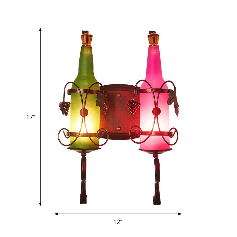Industrial Bottle Shade Wall Sconce Lighting 2 Lights Frosted Glass Wall Lamp with Leaf Deco in Green and Pink Clearhalo 'Cast Iron' 'Glass' 'Industrial wall lights' 'Industrial' 'Middle century wall lights' 'Modern' 'Tiffany' 'Traditional wall lights' 'Wall Lamps & Sconces' 'Wall Lights' Lighting' 1797013
