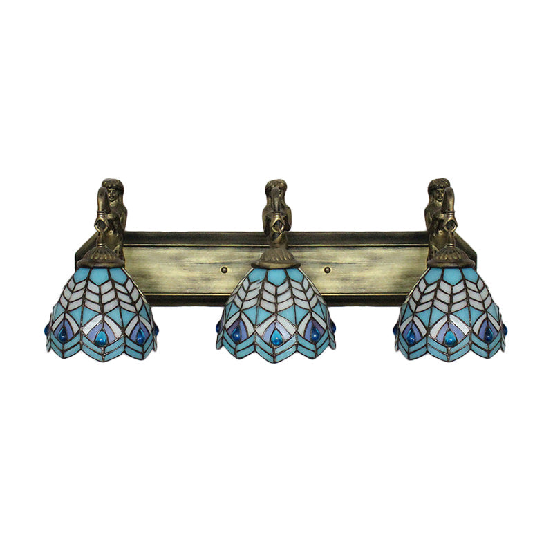 Peacock Tail Sconce Lighting Tiffany Stained Glass 3 Head Blue Wall Mounted Lighting, 6"/8" Wide Clearhalo 'Industrial' 'Middle century wall lights' 'Tiffany wall lights' 'Tiffany' 'Wall Lamps & Sconces' 'Wall Lights' Lighting' 179704