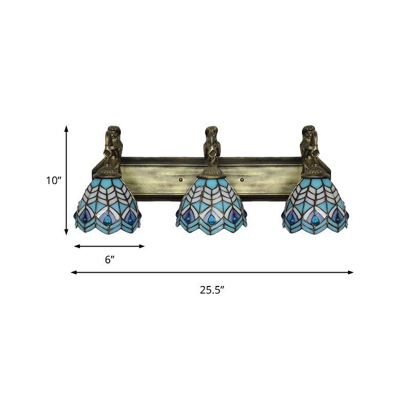 Peacock Tail Sconce Lighting Tiffany Stained Glass 3 Head Blue Wall Mounted Lighting, 6"/8" Wide Clearhalo 'Industrial' 'Middle century wall lights' 'Tiffany wall lights' 'Tiffany' 'Wall Lamps & Sconces' 'Wall Lights' Lighting' 179707