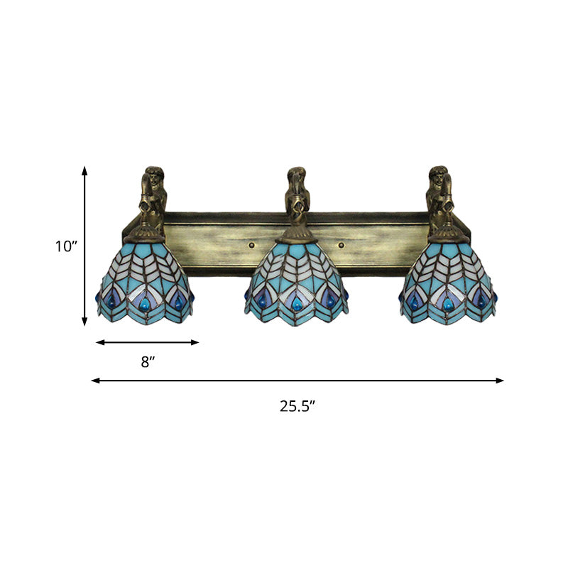 Peacock Tail Sconce Lighting Tiffany Stained Glass 3 Head Blue Wall Mounted Lighting, 6"/8" Wide Clearhalo 'Industrial' 'Middle century wall lights' 'Tiffany wall lights' 'Tiffany' 'Wall Lamps & Sconces' 'Wall Lights' Lighting' 179708