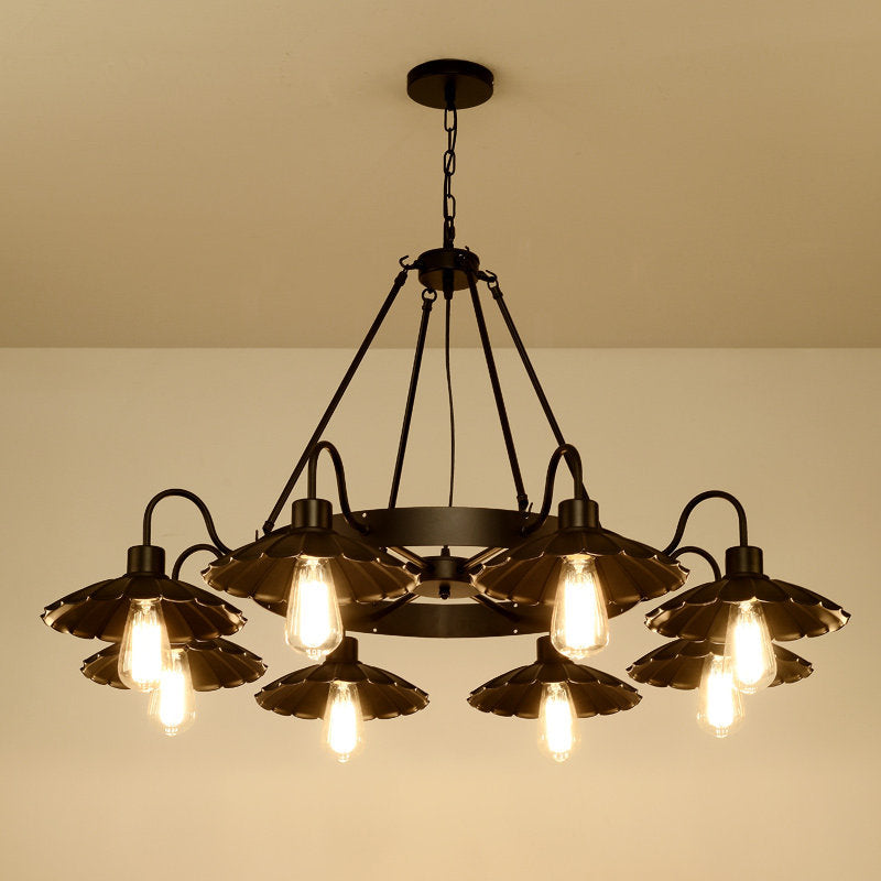 Farmhouse Style Scalloped Edge Chandelier Light 8 Heads Metal Pendant Lamp with Gooseneck Arm in Black Clearhalo 'Cast Iron' 'Ceiling Lights' 'Chandeliers' 'Industrial Chandeliers' 'Industrial' 'Metal' 'Middle Century Chandeliers' 'Rustic Chandeliers' 'Tiffany' Lighting' 1797114