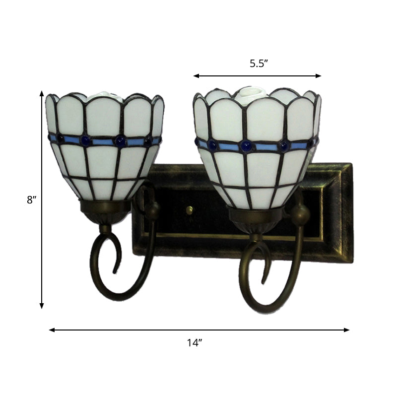 Domed Living Room Wall Light Art Glass 2 Heads Tiffany Traditional Wall Lamp in White Clearhalo 'Industrial' 'Middle century wall lights' 'Tiffany wall lights' 'Tiffany' 'Wall Lamps & Sconces' 'Wall Lights' Lighting' 179727