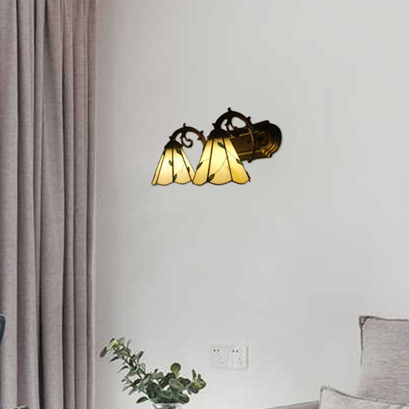 Beige Conical Wall Light with Leaf 2 Heads Tiffany Rustic Glass Wall Lamp for Study Room Beige Clearhalo 'Industrial' 'Middle century wall lights' 'Tiffany wall lights' 'Tiffany' 'Wall Lamps & Sconces' 'Wall Lights' Lighting' 179817