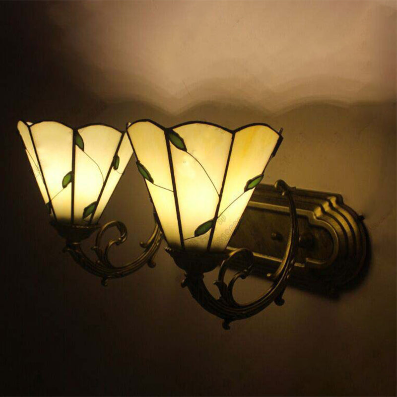 Beige Conical Wall Light with Leaf 2 Heads Tiffany Rustic Glass Wall Lamp for Study Room Clearhalo 'Industrial' 'Middle century wall lights' 'Tiffany wall lights' 'Tiffany' 'Wall Lamps & Sconces' 'Wall Lights' Lighting' 179818