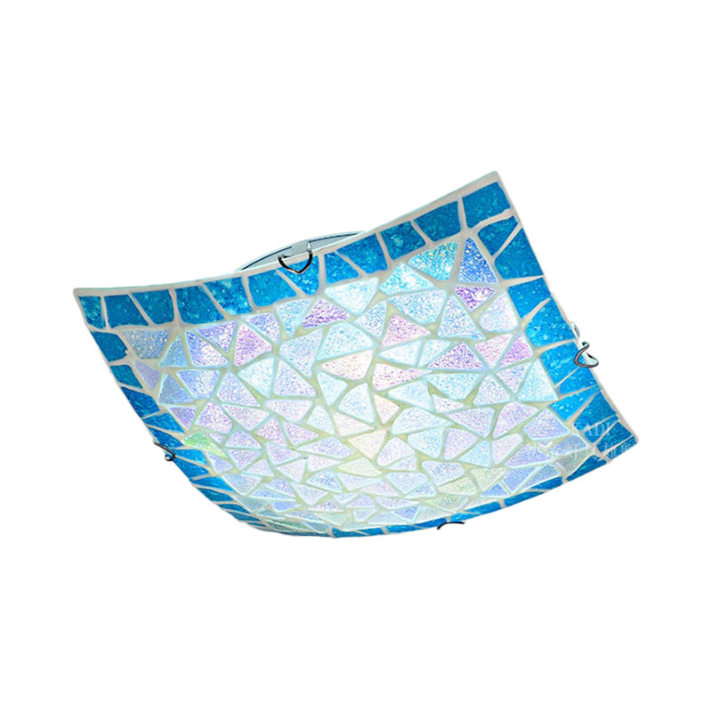 Blue Square Flush Mount Lighting 16"/12" Width Mediterranean Stained Glass Indoor Flush Ceiling Light Clearhalo 'Ceiling Lights' 'Close To Ceiling Lights' 'Close to ceiling' 'Glass shade' 'Glass' 'Semi-flushmount' 'Tiffany close to ceiling' 'Tiffany' Lighting' 179827
