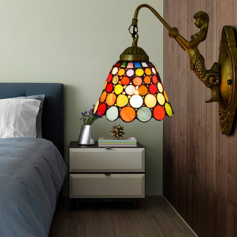 Antique Brass 1 Head Wall Light Fixture Tiffany Multicolor Stained Glass Flared Sconce Light Antique Brass Clearhalo 'Industrial' 'Middle century wall lights' 'Tiffany wall lights' 'Tiffany' 'Wall Lamps & Sconces' 'Wall Lights' Lighting' 179907