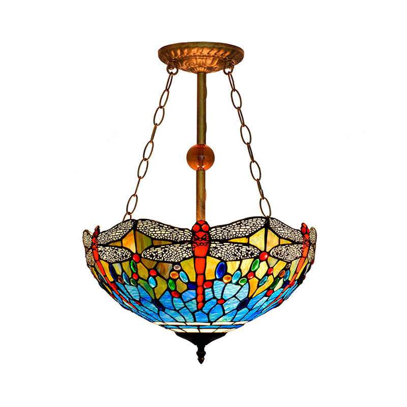 Inverted Pendant Lamp with Dragonfly Tiffany Rustic Stained Glass 3 Lights Ceiling Chandelier in Red/Blue Clearhalo 'Ceiling Lights' 'Chandeliers' 'Close To Ceiling Lights' 'Close to ceiling' 'Semi-flushmount' 'Tiffany close to ceiling' 'Tiffany' Lighting' 179986