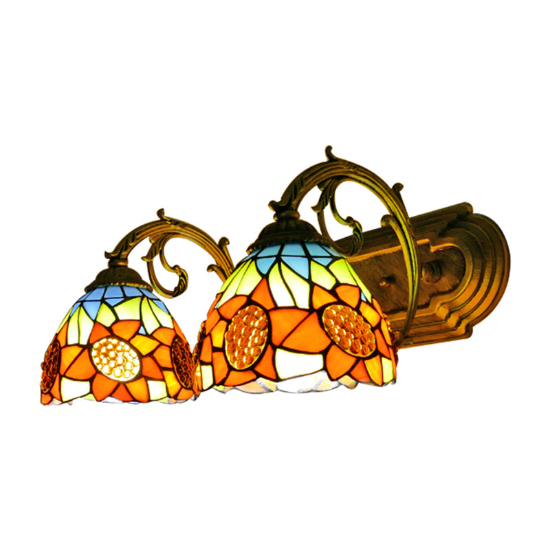 Sunflower Wall Lighting with Stained Glass Bowl Shade 2 Lights Loft Sconce Light in Orange Clearhalo 'Industrial' 'Middle century wall lights' 'Tiffany wall lights' 'Tiffany' 'Wall Lamps & Sconces' 'Wall Lights' Lighting' 180228