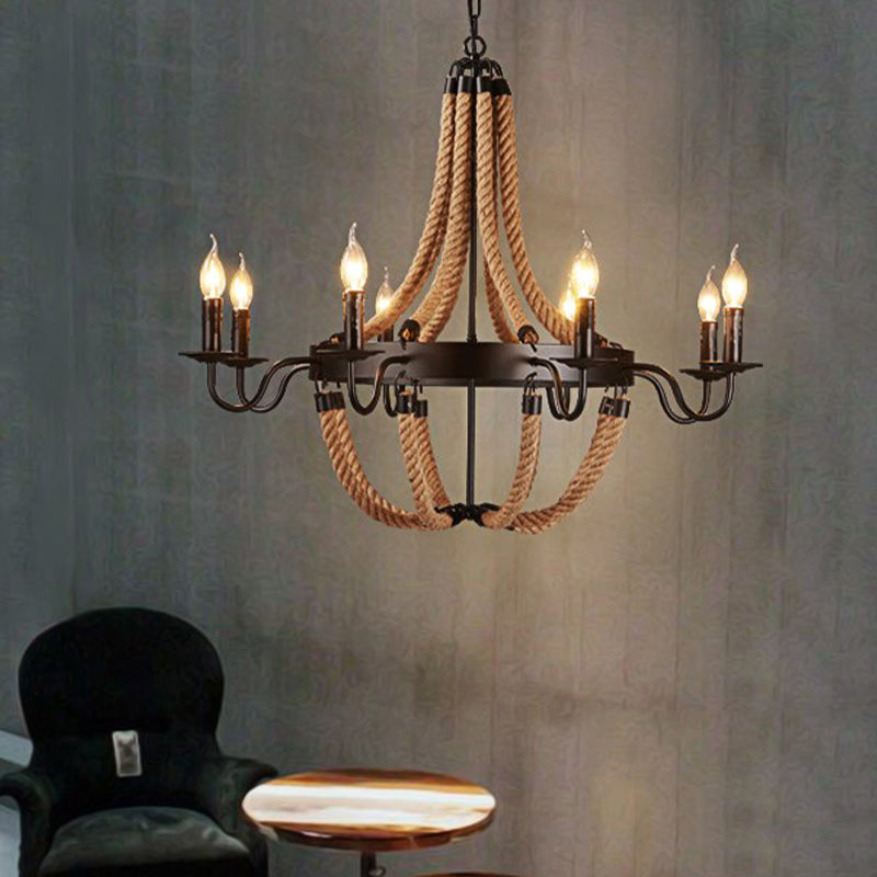 Metal Empire Chandelier Lamp Lodge Style 6/8 Lights Living Room Pendant Lighting with Rope Detail in Black Clearhalo 'Ceiling Lights' 'Chandeliers' 'Industrial Chandeliers' 'Industrial' 'Middle Century Chandeliers' 'Tiffany' Lighting' 180248