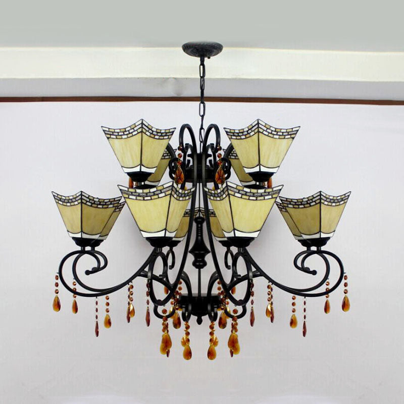 Stained Glass Geometric Chandelier Light Lodge 12 Lights Hanging Pendant with Crystal in Yellow/Blue/Sky Blue Clearhalo 'Ceiling Lights' 'Chandeliers' 'Industrial' 'Middle Century Chandeliers' 'Tiffany Chandeliers' 'Tiffany close to ceiling' 'Tiffany' Lighting' 180279