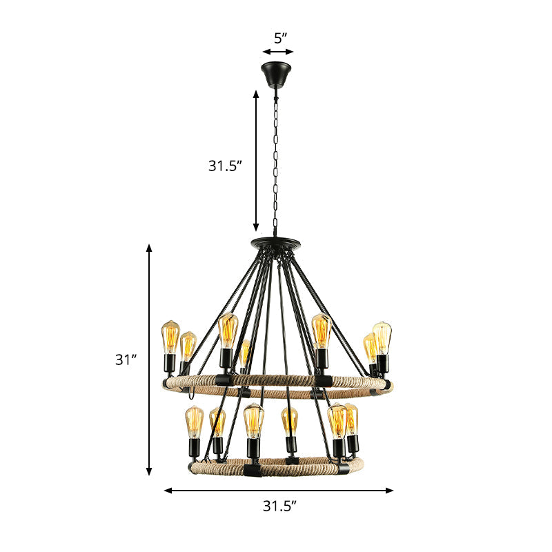 Roped Ring Chandelier Light Fixture Lodge Style 6/8 Heads Kitchen Pendant Lighting with Adjustable Chain in Black Clearhalo 'Ceiling Lights' 'Chandeliers' 'Industrial Chandeliers' 'Industrial' 'Middle Century Chandeliers' 'Tiffany' Lighting' 180315