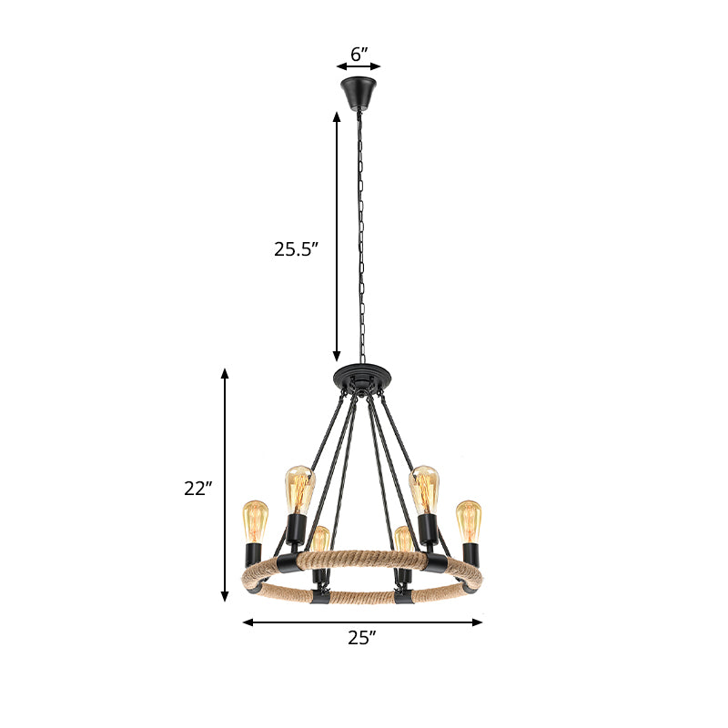 Roped Ring Chandelier Light Fixture Lodge Style 6/8 Heads Kitchen Pendant Lighting with Adjustable Chain in Black Clearhalo 'Ceiling Lights' 'Chandeliers' 'Industrial Chandeliers' 'Industrial' 'Middle Century Chandeliers' 'Tiffany' Lighting' 180319