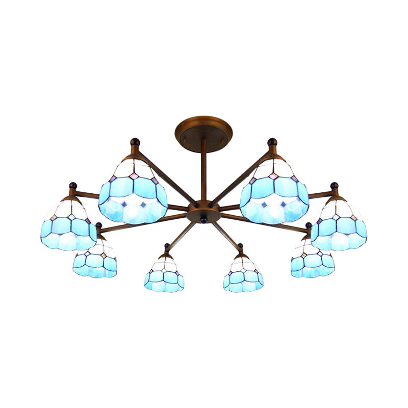 Dome-Shaped Hanging Pendant Rustic Stained Glass 8 Lights Chandelier Light in Red/Blue/Yellow for Bedroom Lighting Clearhalo 'Ceiling Lights' 'Chandeliers' 'Industrial' 'Middle Century Chandeliers' 'Tiffany Chandeliers' 'Tiffany close to ceiling' 'Tiffany' Lighting' 180394