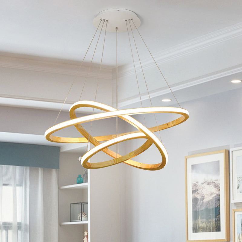 Wood Rings Hanging Chandelier Minimalism LED Ceiling Pendant Light in Beige, 21"/25" Width Beige 25" Clearhalo 'Carpenter Chandeliers' 'Ceiling Lights' 'Chandeliers' 'Industrial' 'Modern Chandeliers' 'Modern' Lighting' 1804659