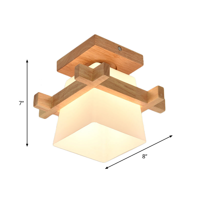 Opal Glass Head/Cubic/Globe Flushmount Simplicity LED Ceiling Fixture with Wood Antler/Square/Round Design in Beige Clearhalo 'Ceiling Lights' 'Close To Ceiling Lights' 'Close to ceiling' 'Flush mount' Lighting' 1804730